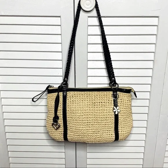Brighton Summer Straw Shoulder Bag Black Leather Trim - Picture 3 of 11